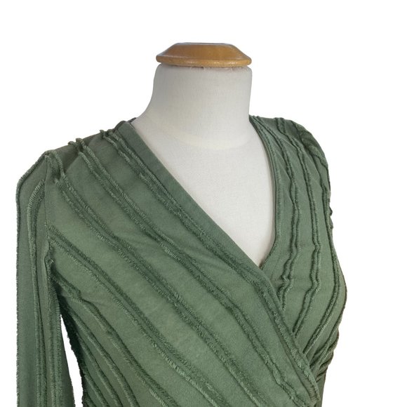 Maeve Anthropologie Audre Faux Wrap Surplice Shirt Green Striped Long Sleeve-XS - Picture 3 of 15